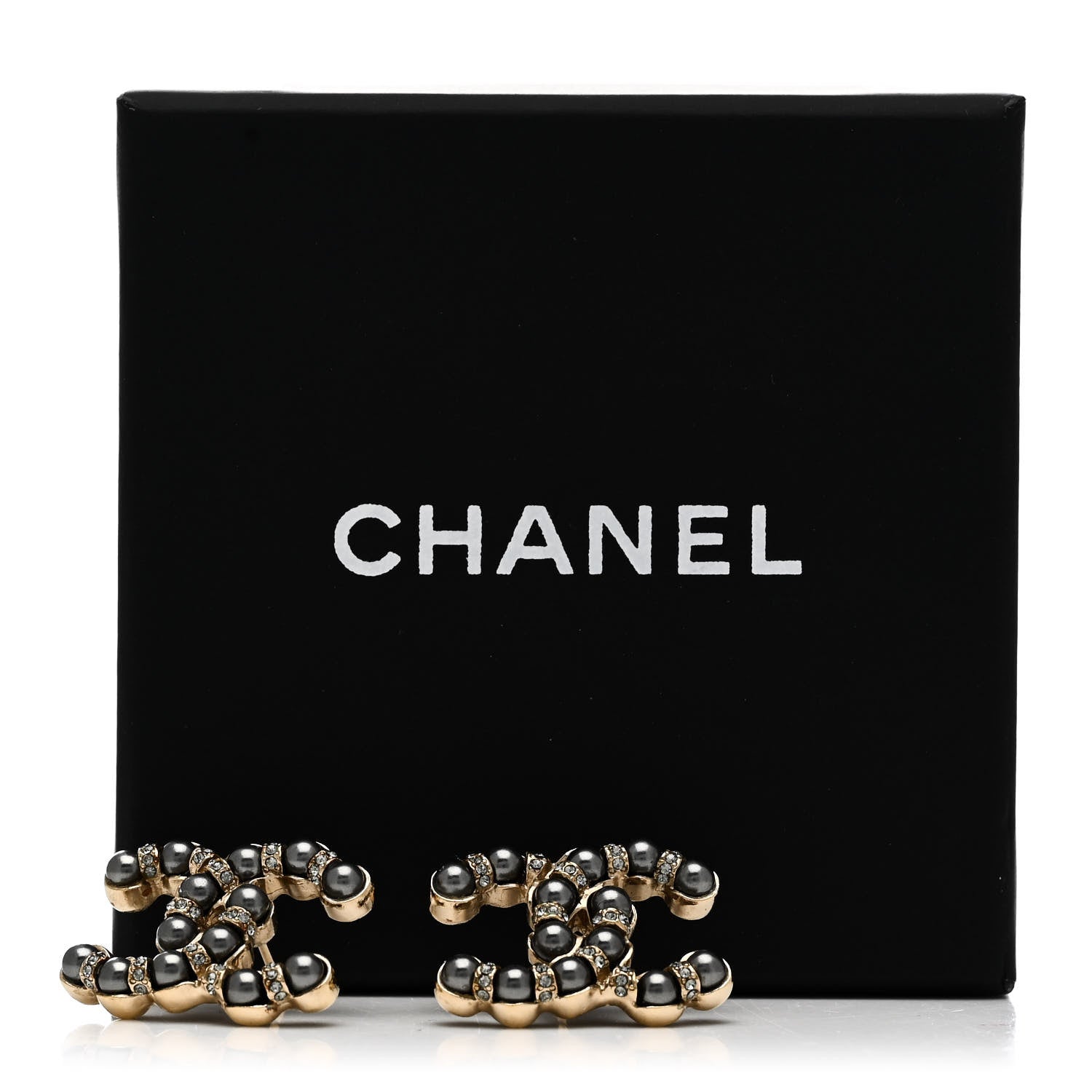 Chanel Pearl Crystal Nefertiti CC Earrings Gold Dark Grey 5 of 5