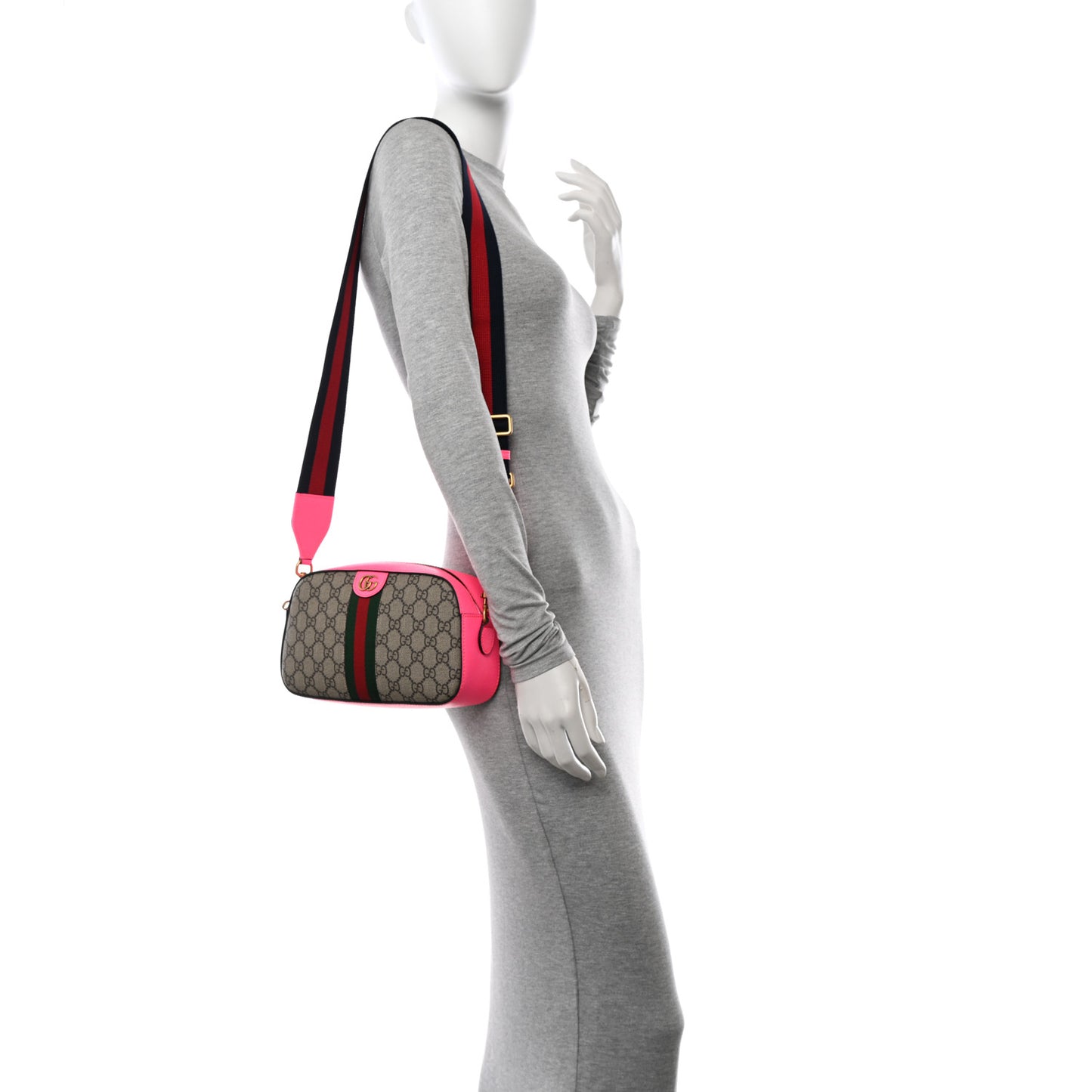 GG Supreme Monogram Textured Dollar Calfskin Web Ophidia Small Crossbody Bag Beige Ebony Fuchsia