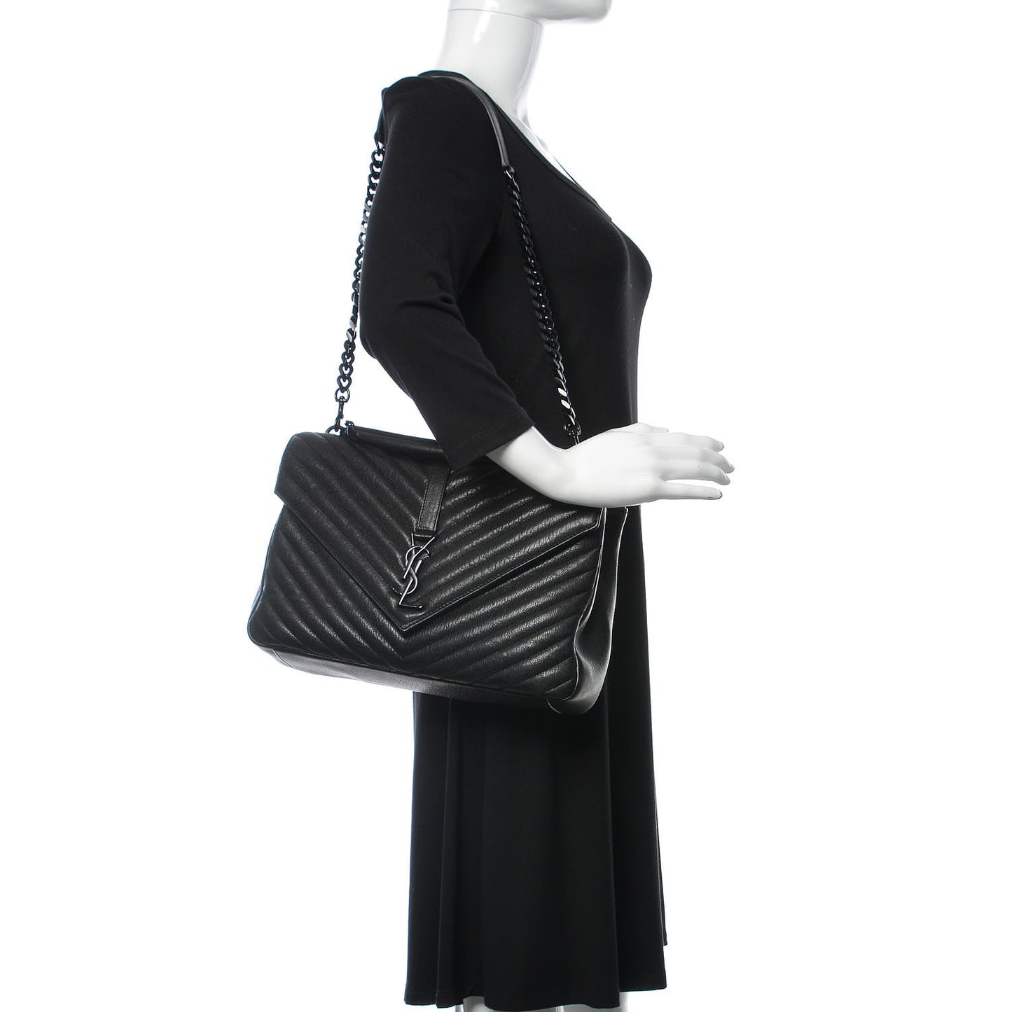 Sheepskin Matelasse Chevron Monogram Monochrome Large College Satchel Black