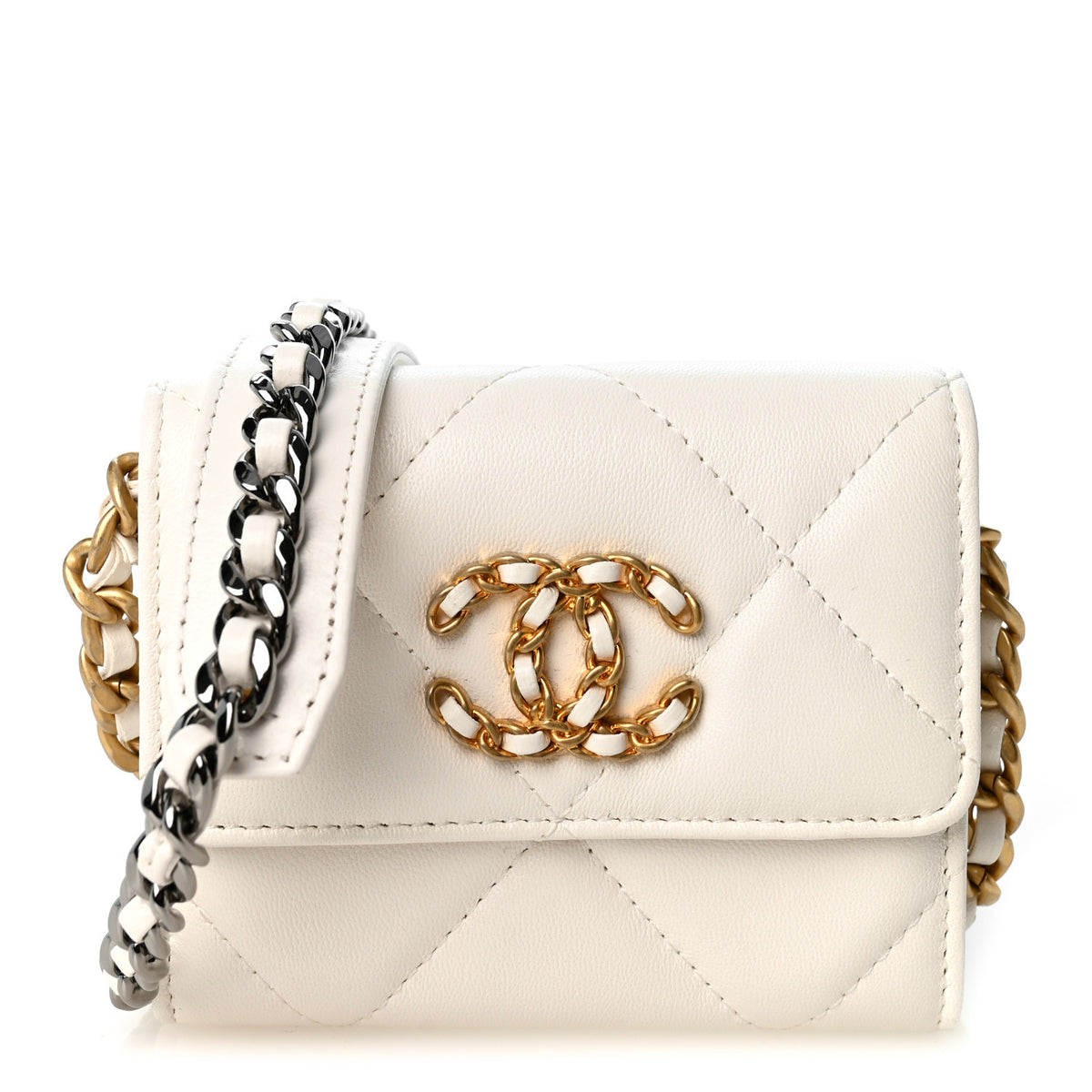 Chanel Lambskin Quilted Chanel 19 Flap Coin Purse With Chain White 1 of 11