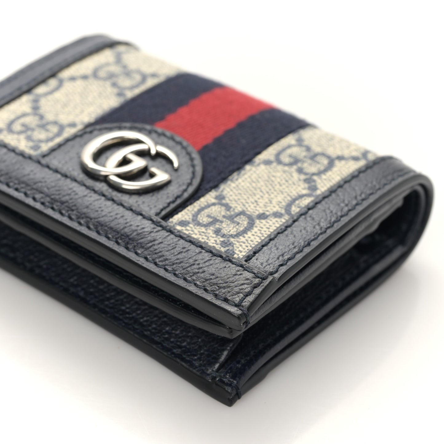 GG Supreme Monogram Textured Dollar Calfskin Web Ophidia Card Case Beige Blue