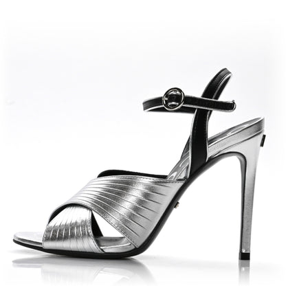 Gucci Malaga Kid Webby Crossover High Heel Sandals 37 Silver 1 of 9