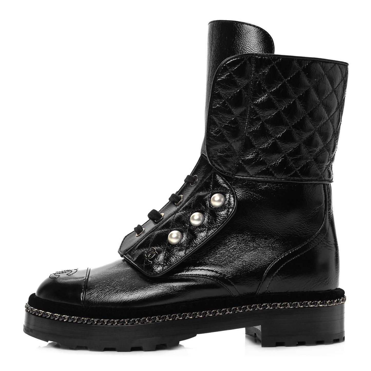 Crackled Calfskin Velvet Pearl Combat Boots 36 Black