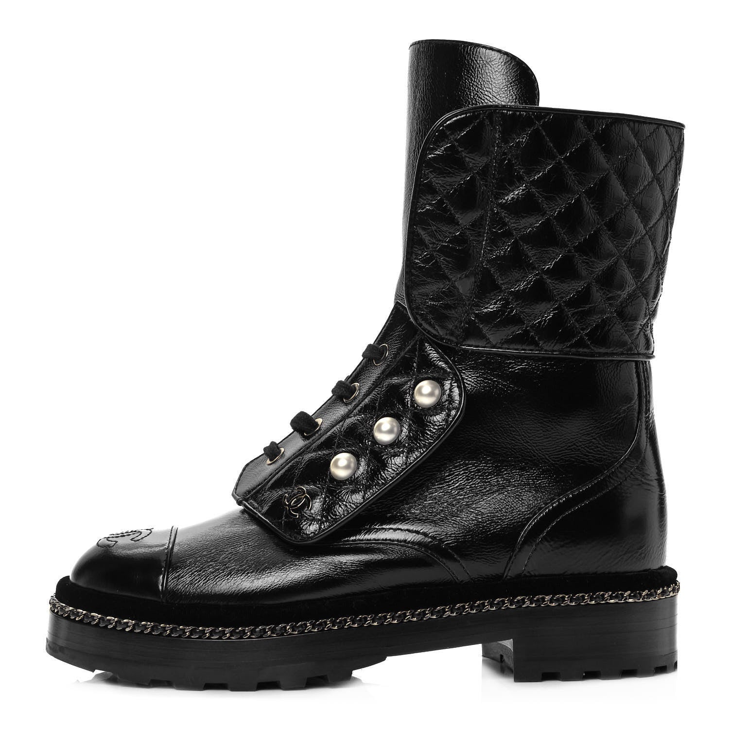 Chanel Crackled Calfskin Velvet Pearl Combat Boots 36 Black 1 of 7
