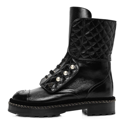 Chanel Crackled Calfskin Velvet Pearl Combat Boots 36 Black 1 of 7