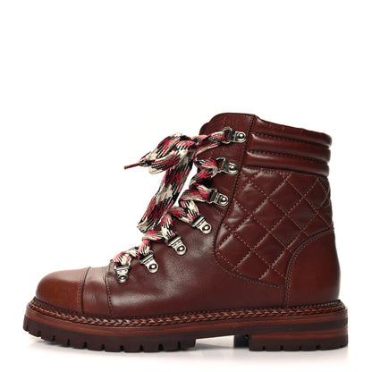 Chanel Lambskin Quilted Lace Up Boots 37 Brown 1 of 9