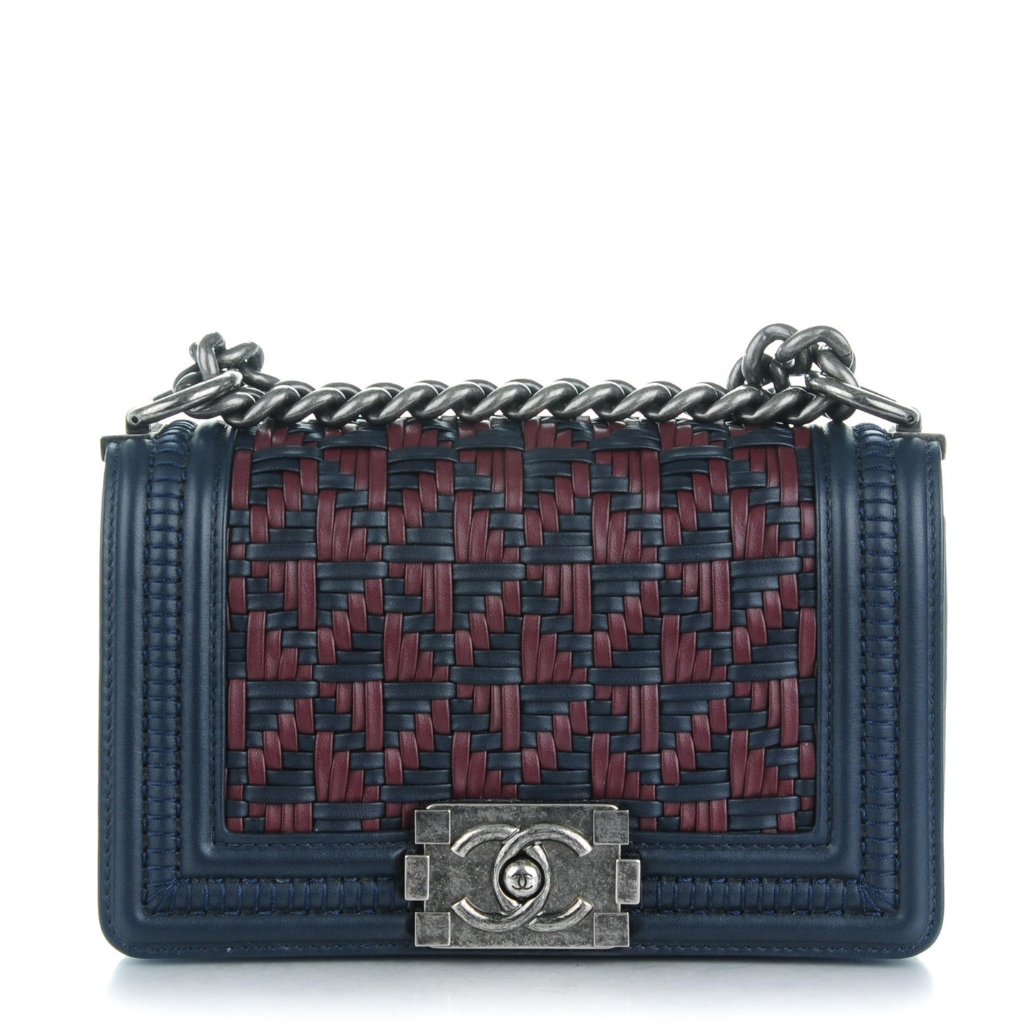 Calfskin Woven Small Boy Flap Navy Burgundy