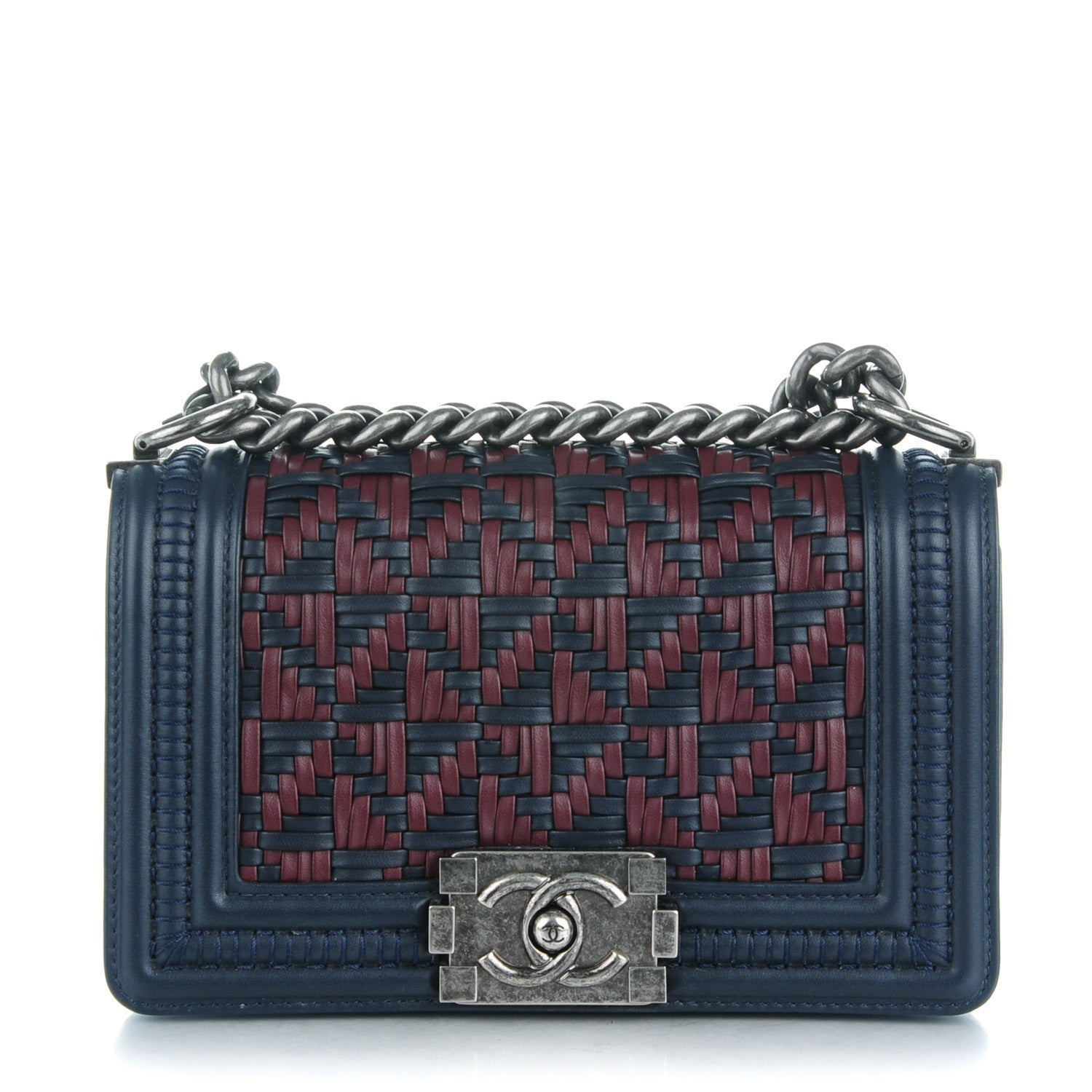 Chanel Calfskin Woven Small Boy Flap Navy Burgundy 1 of 8