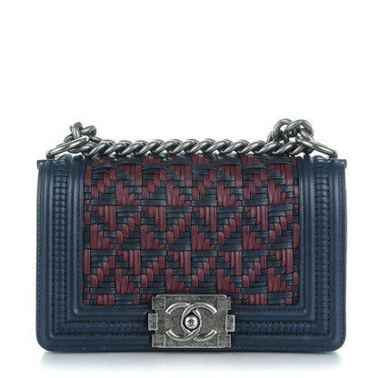 Chanel Calfskin Woven Small Boy Flap Navy Burgundy 1 of 8