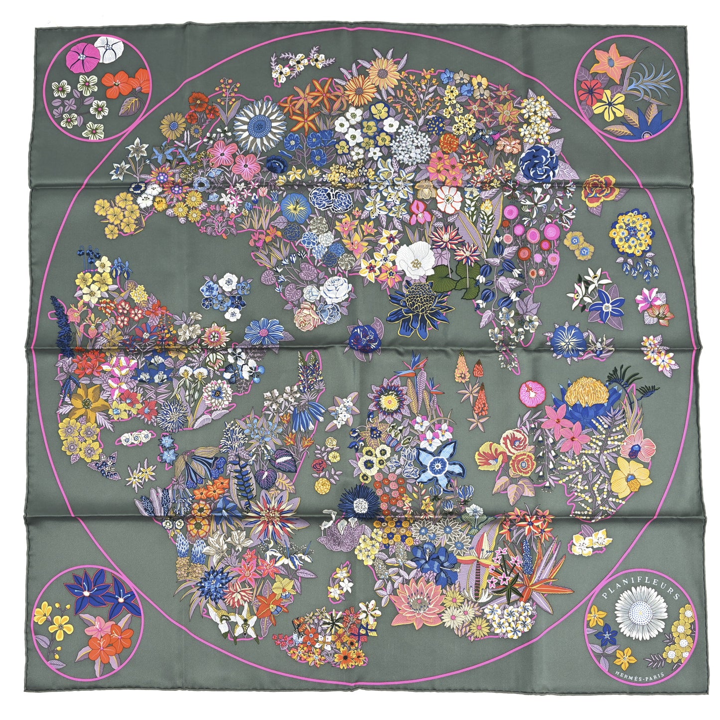Silk Planifleurs Scarf 90 Vert Amande Rose Bleu