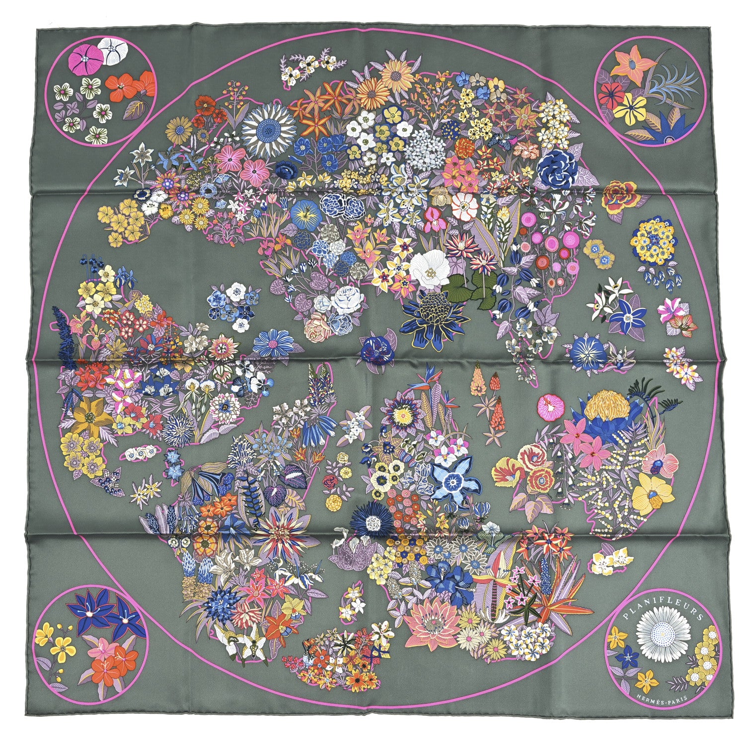 Hermes Silk Planifleurs Scarf 90 Vert Amande Rose Bleu 1 of 3