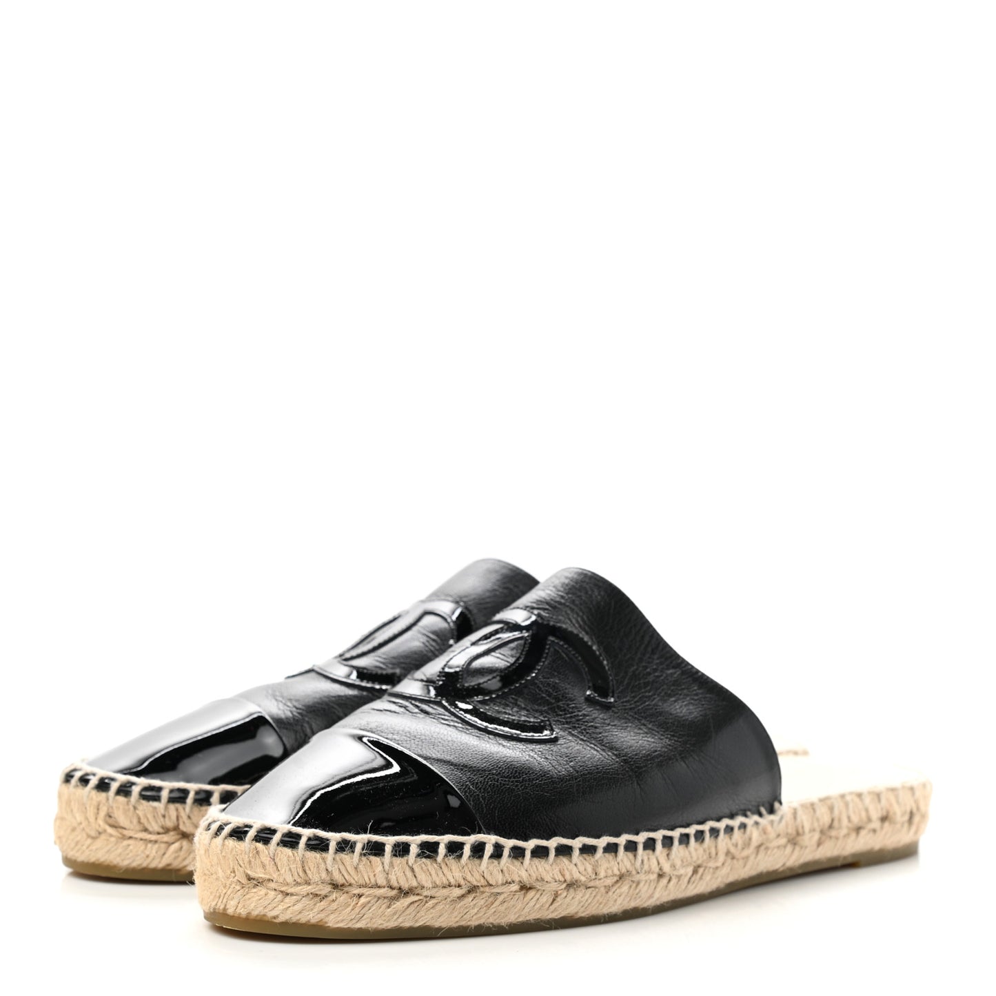Iridescent Goatskin Patent CC Espadrille Mules 40 Black