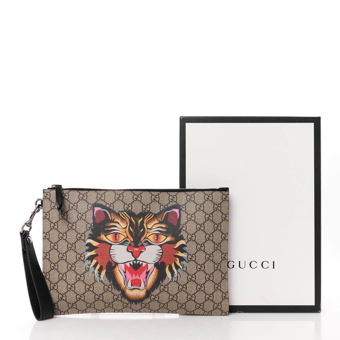 GG Supreme Monogram Angry Cat Zip Wristlet Pouch Beige