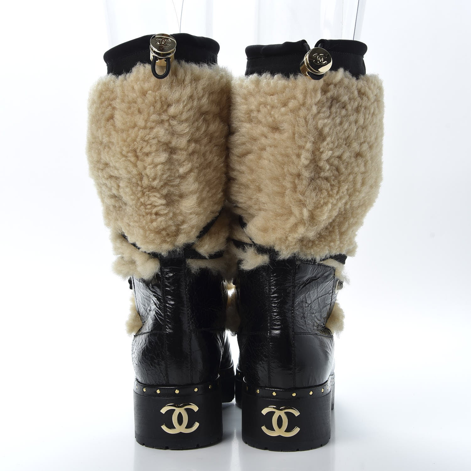 Chanel Patent Shearling Lace Up Boot 39 Black 5 of 9