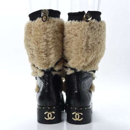 Chanel Patent Shearling Lace Up Boot 39 Black 5 of 9