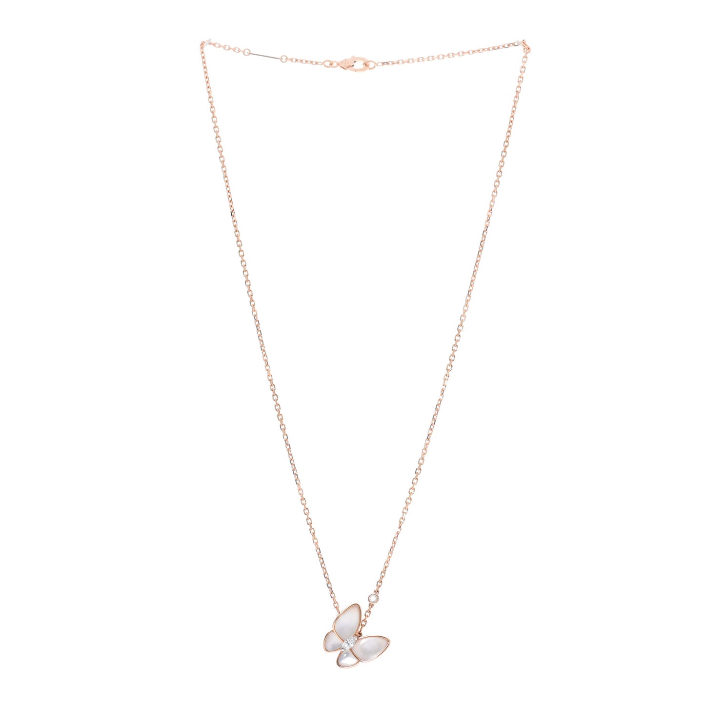 18K Rose Gold Diamond Mother of Pearl Two Butterfly Pendant Necklace