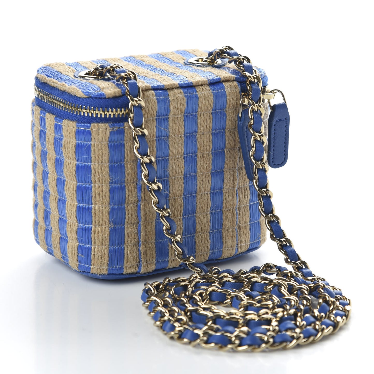 Raffia Jute Striped Mini Vanity Case With Chain Blue Beige