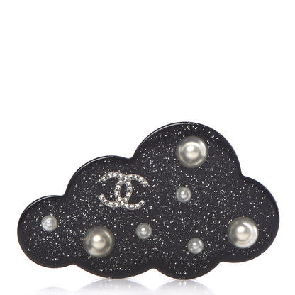 Chanel Glittered Resin Crystal Pearl CC Cloud Brooch Black Silver 1 of 5