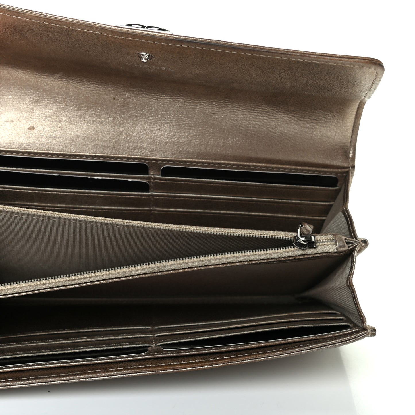 CHANE Iridescent Calfskin Quilted Boy Flap Wallet Dark Gold