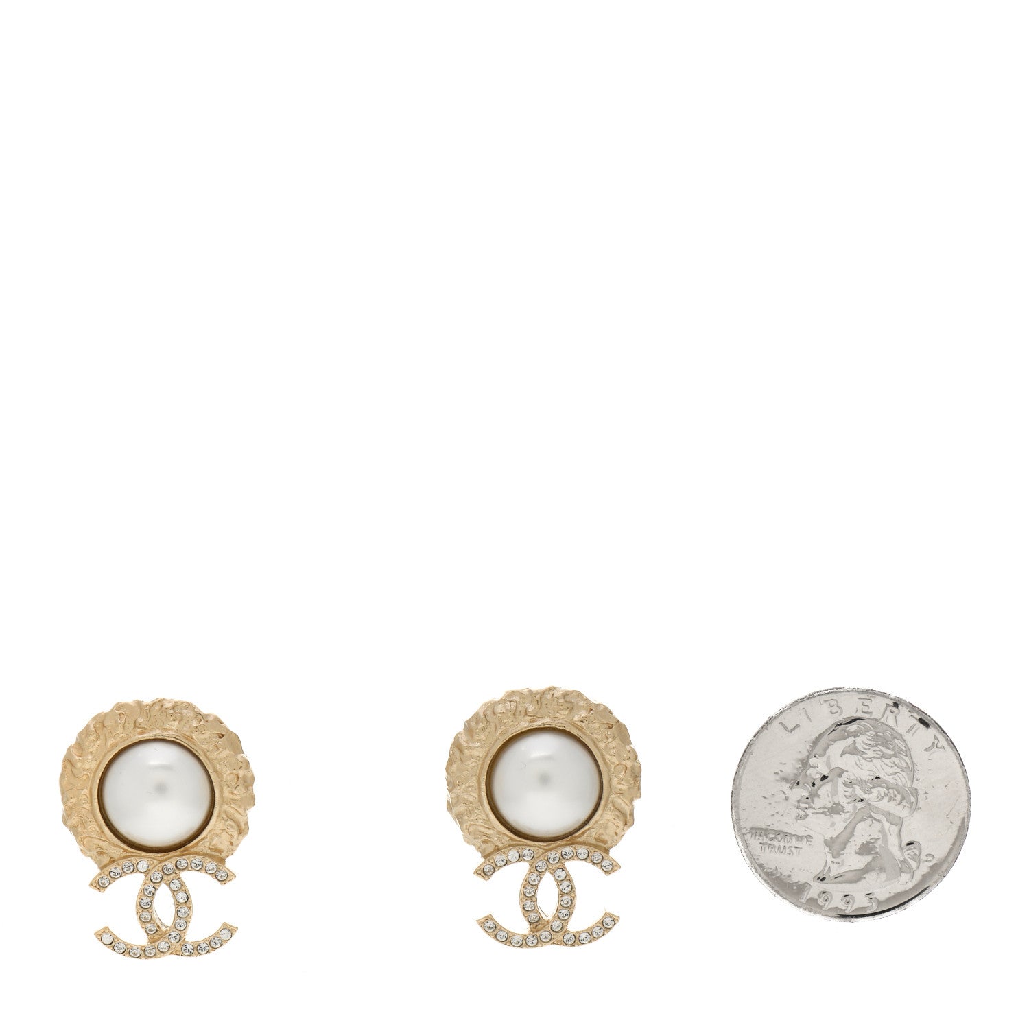 Chanel Crystal Pearl Textured CC Round Drop Earrings Gold 2 of 4