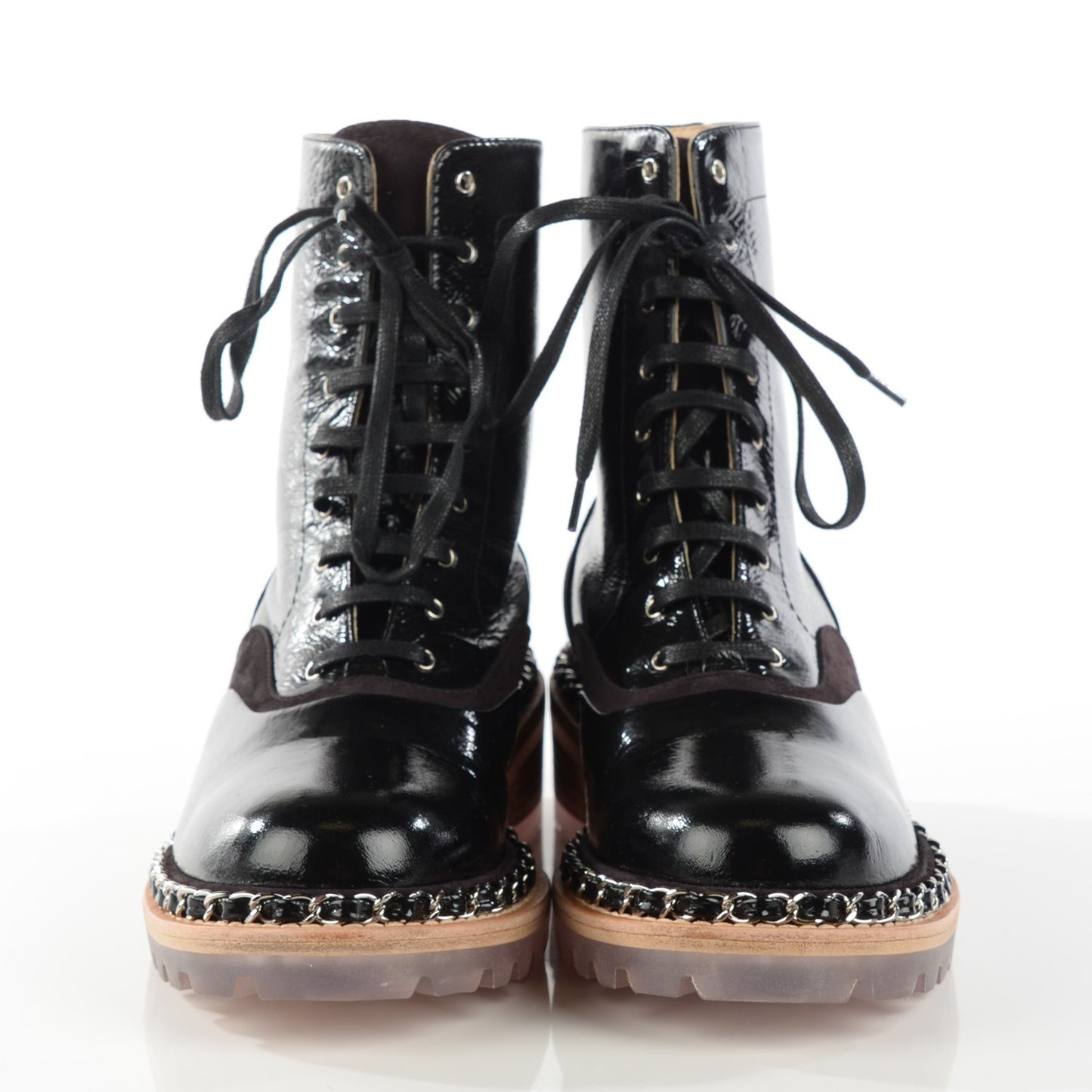 Patent Calfskin Chain Around Lace Up Boots 35.5 Black