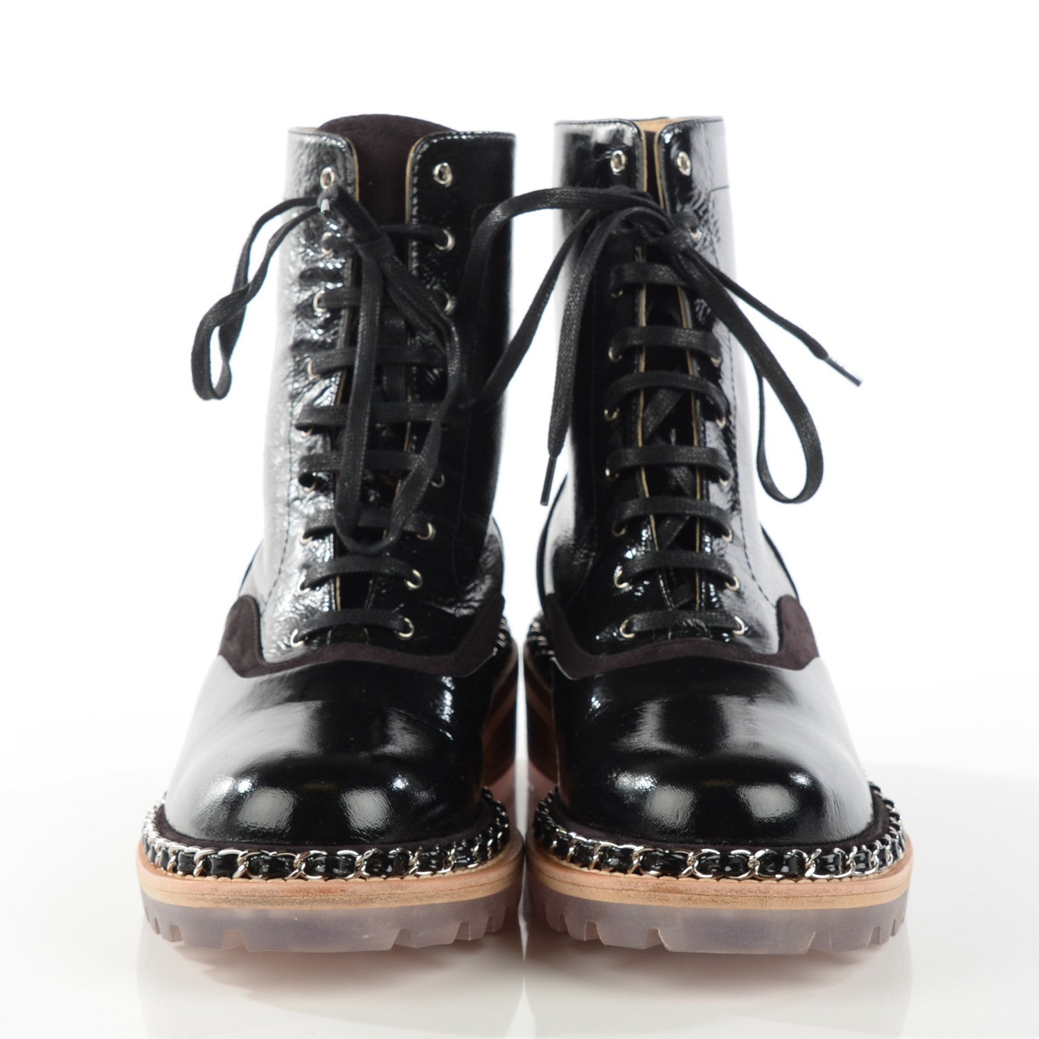 Chanel Patent Calfskin Chain Around Lace Up Boots 35.5 Black 2 of 8
