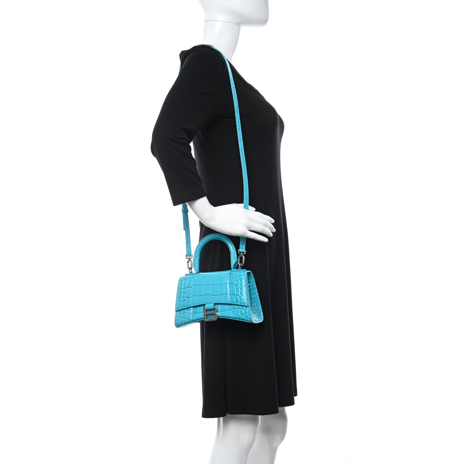 Balenciaga Shiny Calfskin Crocodile Embossed Hourglass Top Handle Bag XS Turquoise 2 of 10