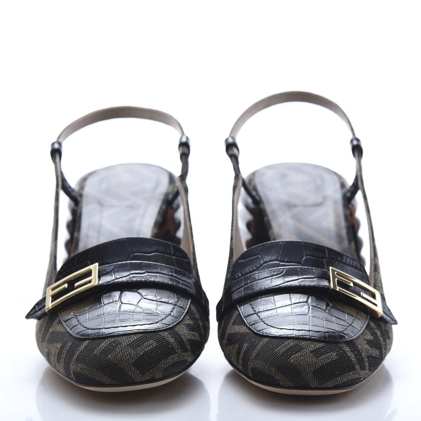 Jacquard Calfskin FF Tortoise Promenade Slingback Loafer Pumps 40 Tobacco