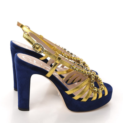 Gucci Velvet Nappa Crystal Zephyra Slingback Platform High Heel Sandals 35.5 Blue Gold 4 of 10