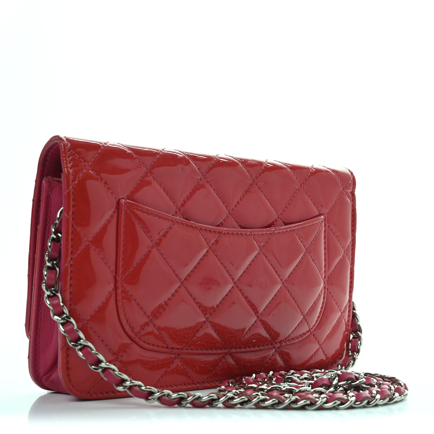 Patent Calfskin Quilted Wallet On Chain WOC Pink