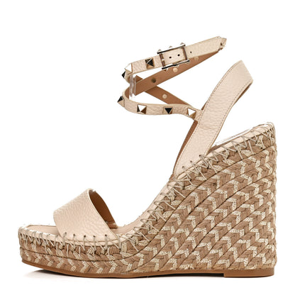 Valentino Garavani Grained Calfskin Rockstud Ankle Strap Espadrille Wedge Sandals 38 Light Ivory Natural 1 of 12