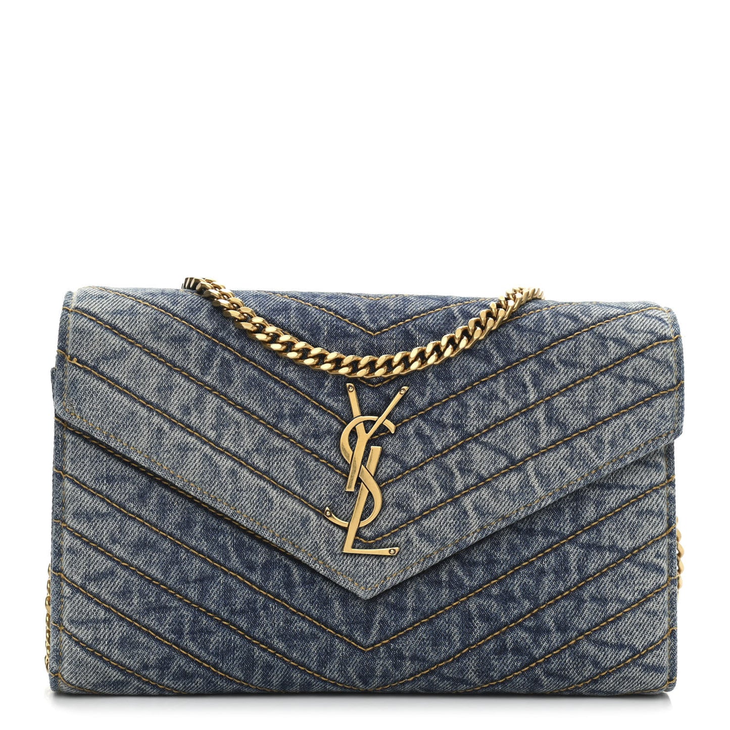 Denim Matelasse Chevron Monogram Chain Wallet Blue Jeans
