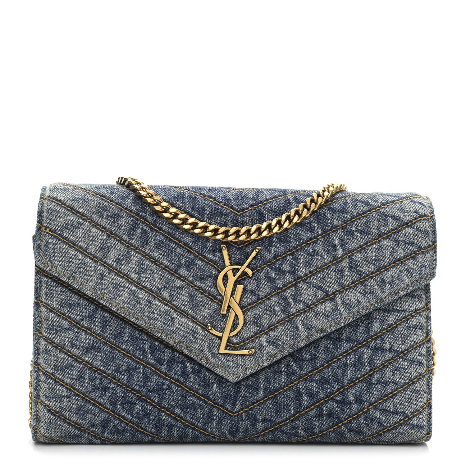 Saint Laurent Denim Matelasse Chevron Monogram Chain Wallet Blue Jeans 1 of 10