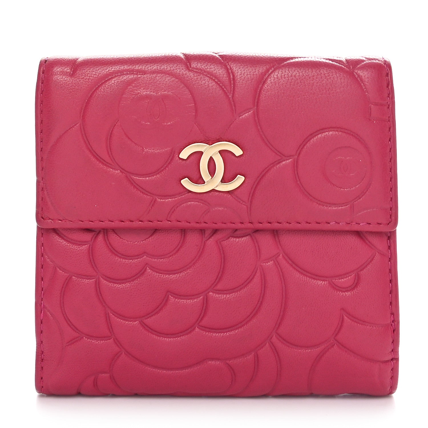 Chanel Lambskin Camellia Embossed Compact French Flap Wallet Pink 1 of 10