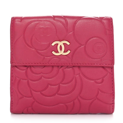 Chanel Lambskin Camellia Embossed Compact French Flap Wallet Pink 1 of 10