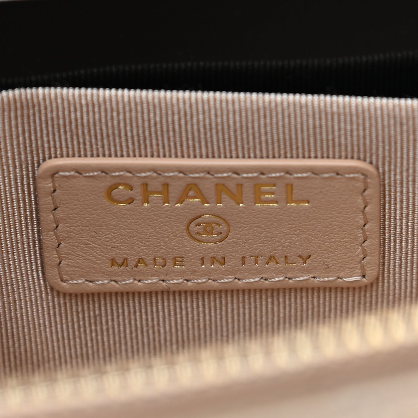 Shiny Goatskin Quilted Chanel 19 Small Pouch With Handle Beige
