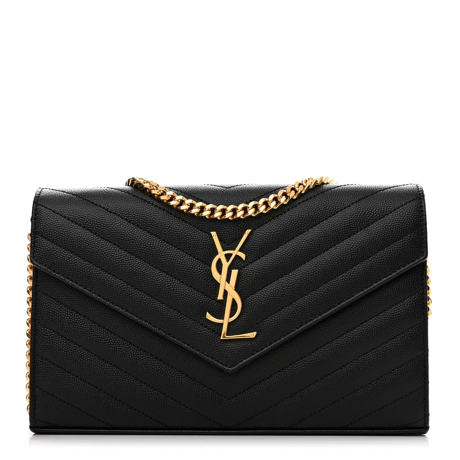Saint Laurent Grain De Poudre Matelasse Chevron Monogram Chain Wallet Black 1 of 9