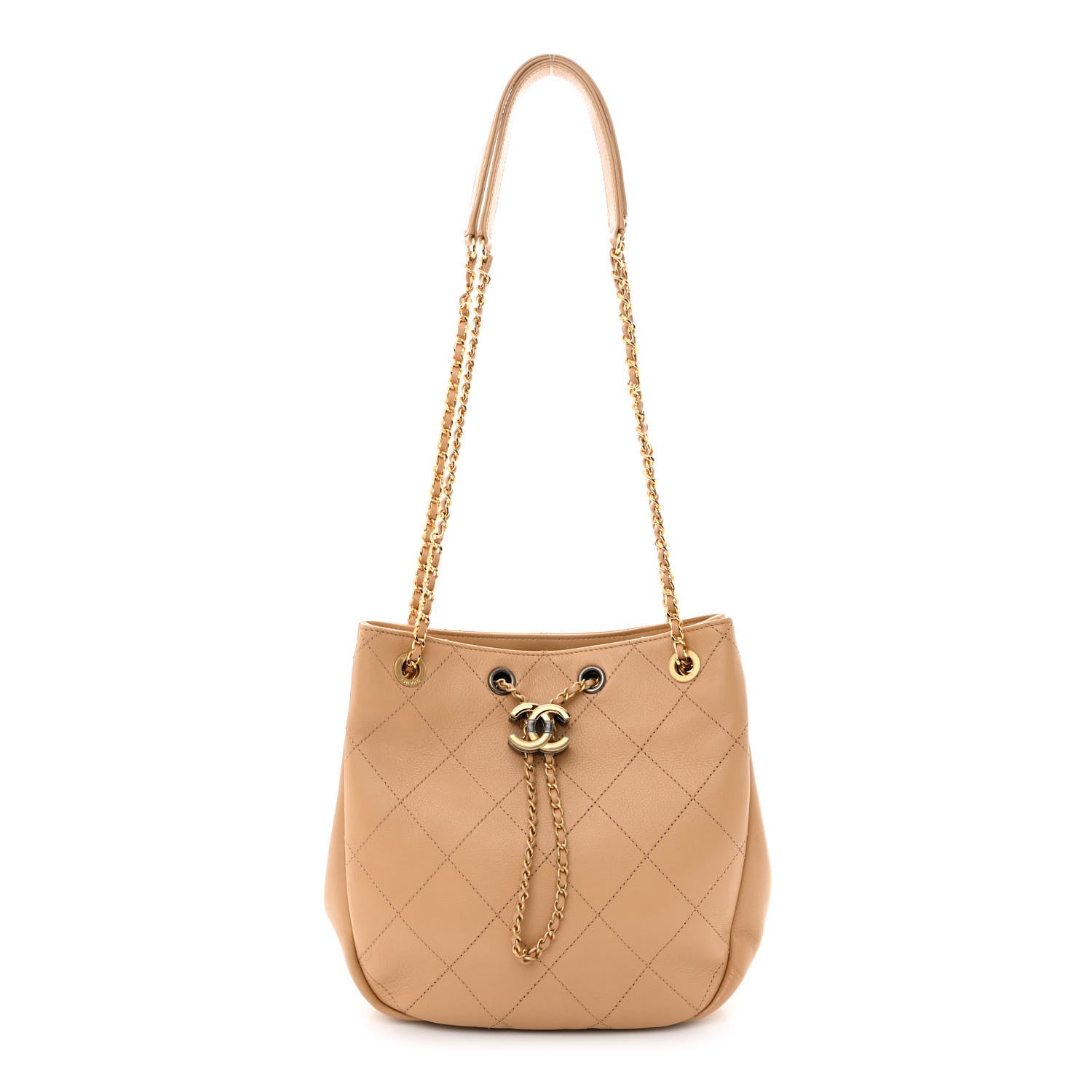 Chanel Calfskin Stitched Drawstring CC Bag Beige 1 of 10