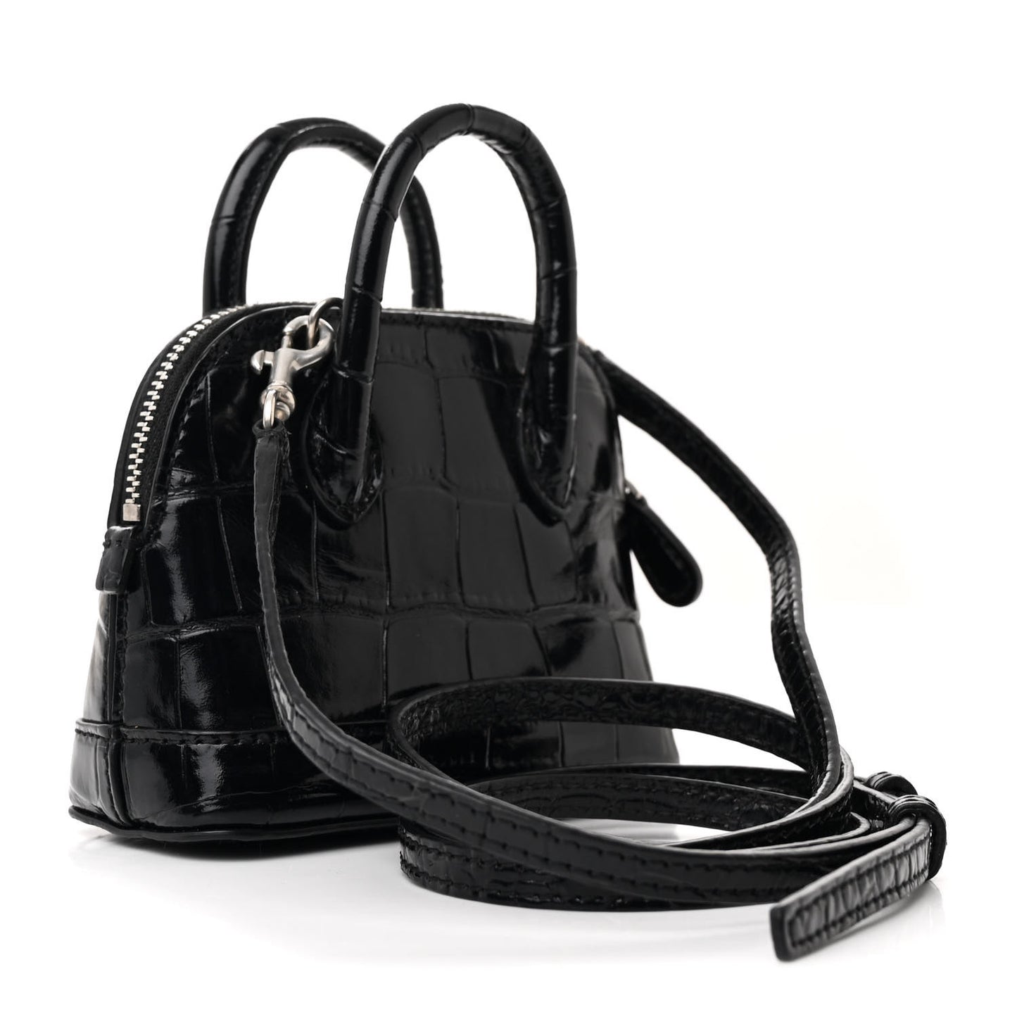 Shiny Calfskin Logo Crocodile Embossed Mini Ville Top Handle Bag Black