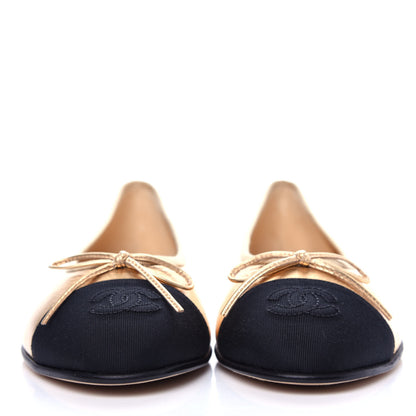 Chanel Metallic Calfskin Grosgrain Cap Toe CC Ballerina Flats 37.5 Gold 2 of 11
