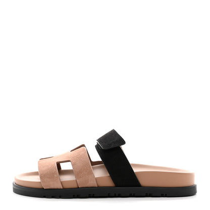 Hermes Suede Goatskin Womens Chypre Sandals 37.5 Rose Perle Black 1 of 10