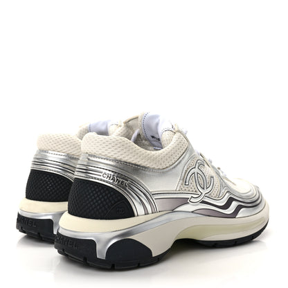 Chanel Fabric Laminated Calfskin Stretch CC Sneakers 38 White Silver 4 of 9