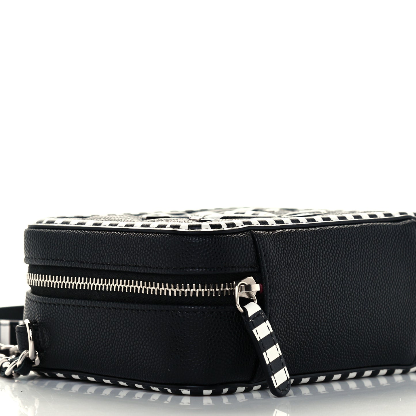 Caviar Quilted Striped Filigree Vanity Clutch With Chain Black White