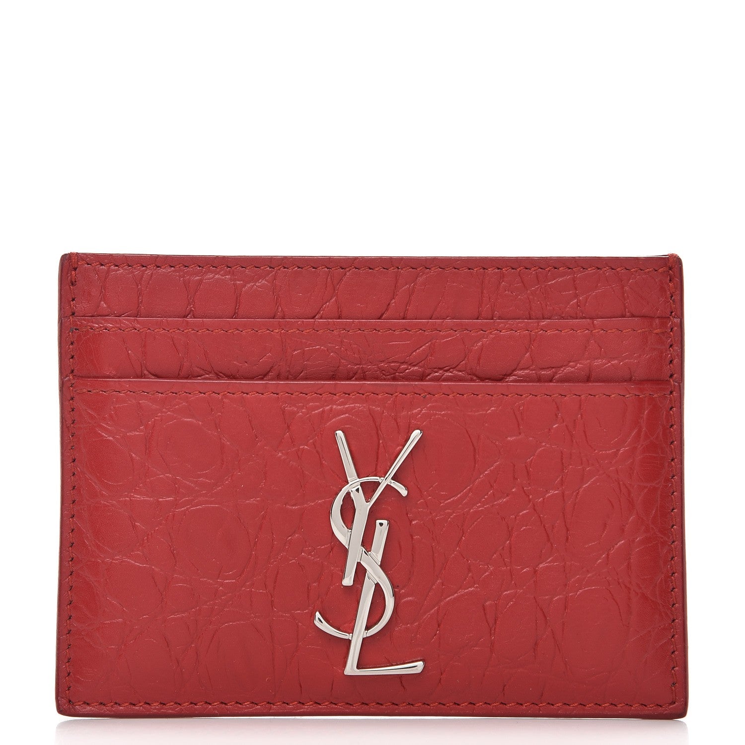 Saint Laurent Calfskin Crocodile Embossed Monogram Credit Card Case Red 1 of 8