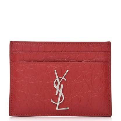 Saint Laurent Calfskin Crocodile Embossed Monogram Credit Card Case Red 1 of 8
