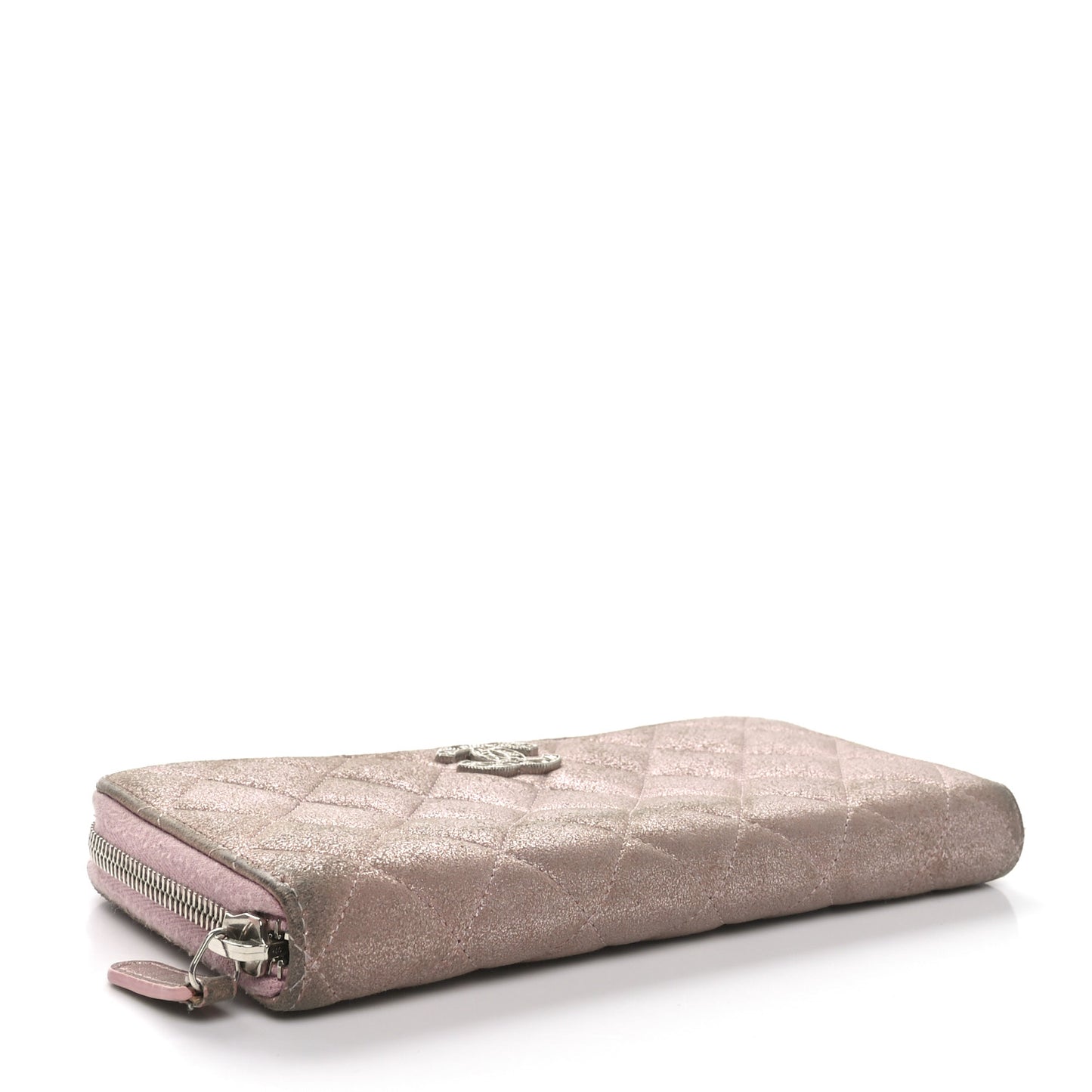 Iridescent Calfskin Quilted Large Gusset Zip Around Wallet Pink