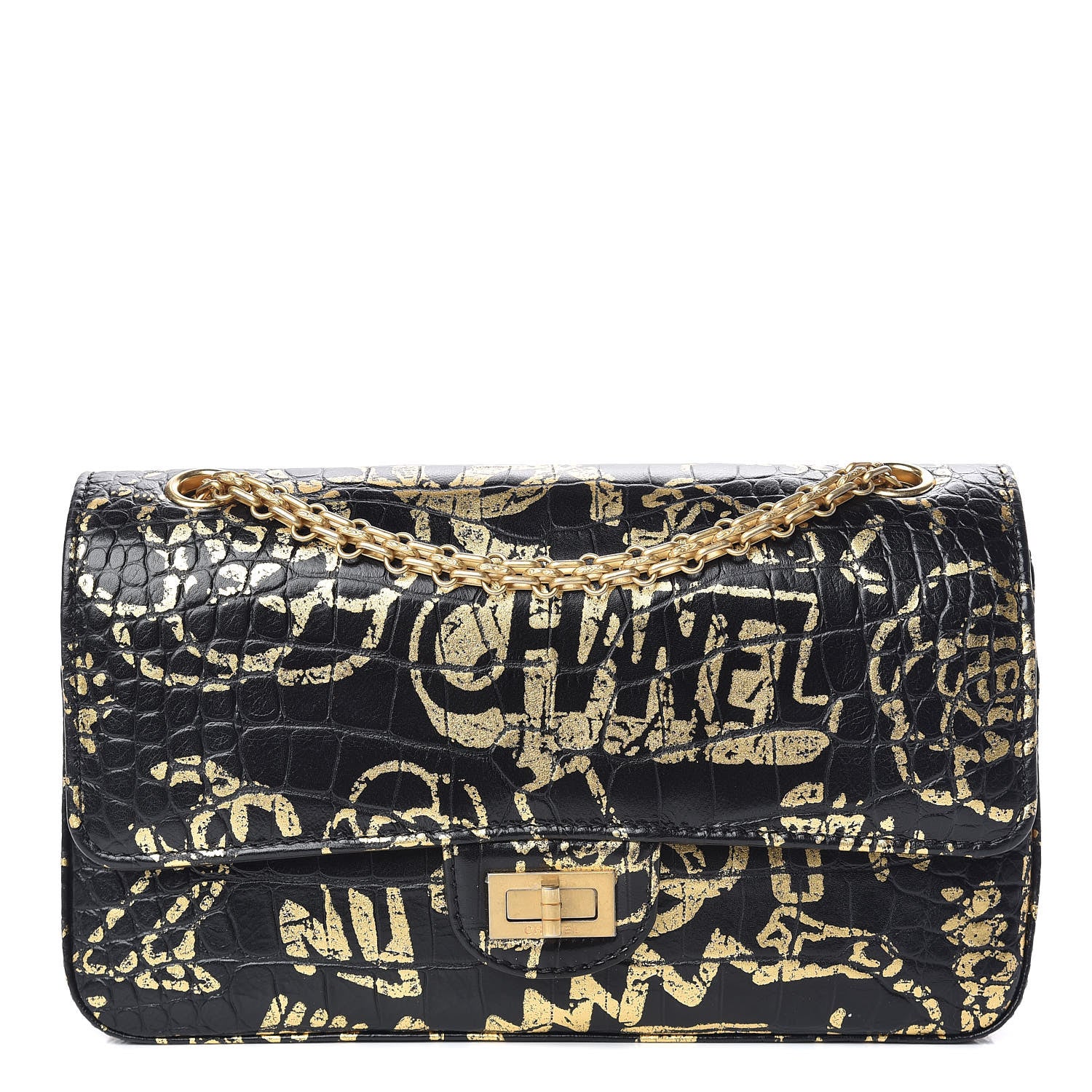 Chanel Calfskin Crocodile Embossed Graffiti 2.55 Cocodile Reissue 225 Flap Black Gold 1 of 10