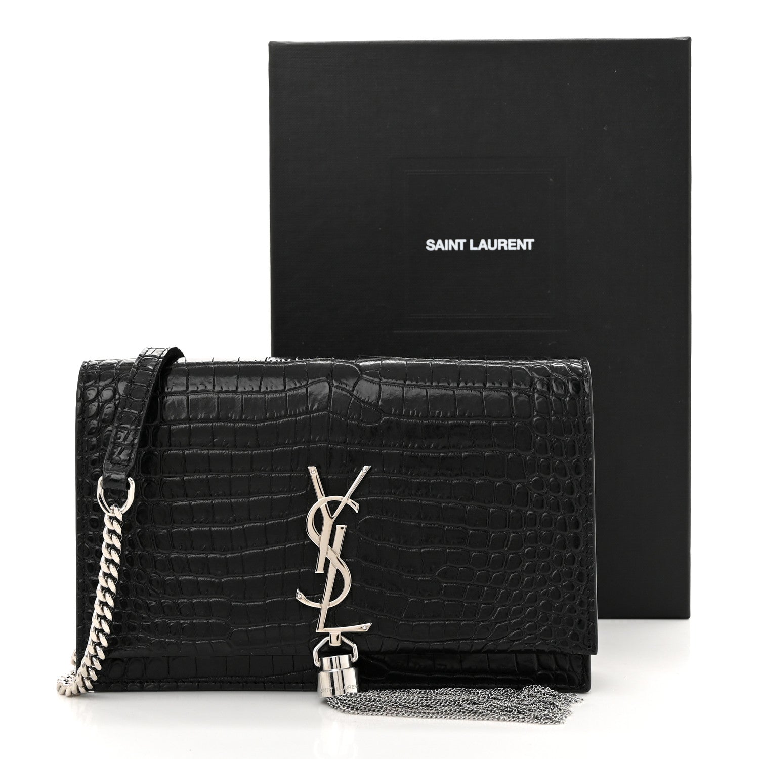 Saint Laurent Calfskin Crocodile Embossed Kate Monogram Tassel Chain Wallet Black 10 of 10