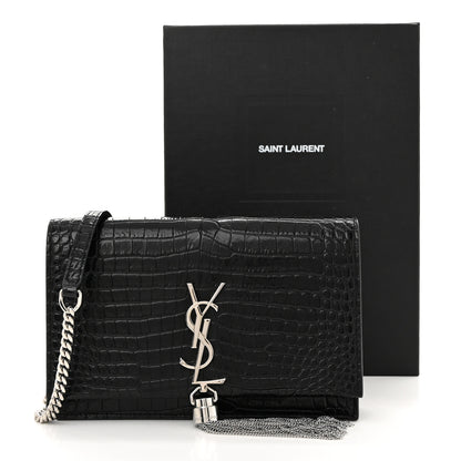 Saint Laurent Calfskin Crocodile Embossed Kate Monogram Tassel Chain Wallet Black 10 of 10