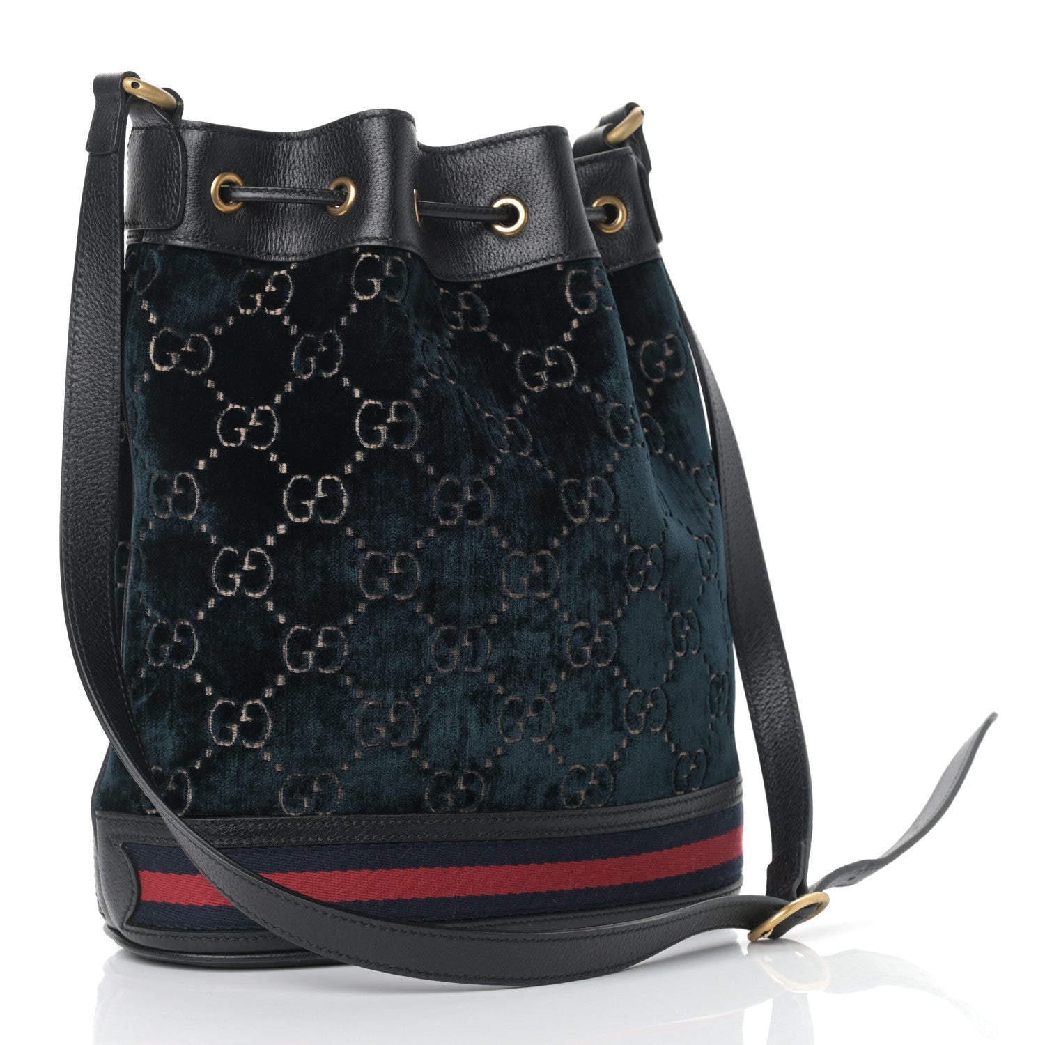 Gucci Velvet GG Monogram Web Bucket Bag Blue Beige 3 of 9